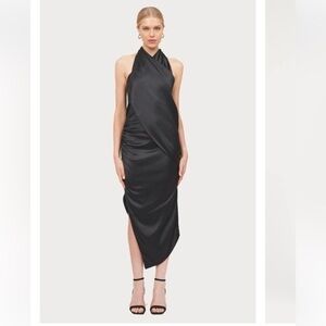 Arias Dress Women Black Crepe Asymmetrical Drapey Halter Formal Cocktail Sz 4